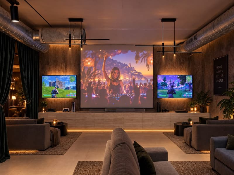 Sala de juegos con consolas y proyector (imagen ilustrativa)