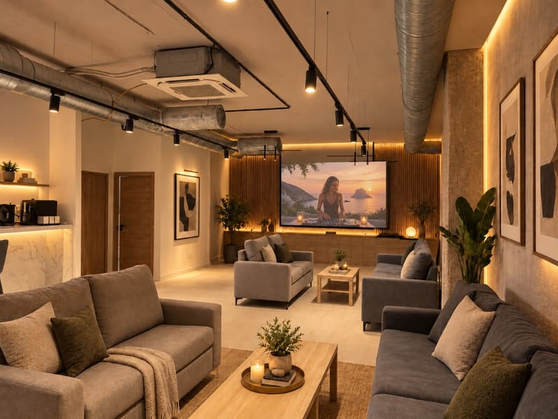Zona lounge con sofás, luz cálida y pantalla de proyección (imagen ilustrativa)